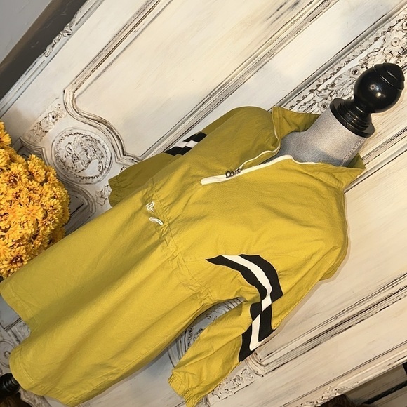 Asago 100% Cotton Chartreuse Striped Arms Cinched Waist Popover Windbreaker S/M - Picture 3 of 12